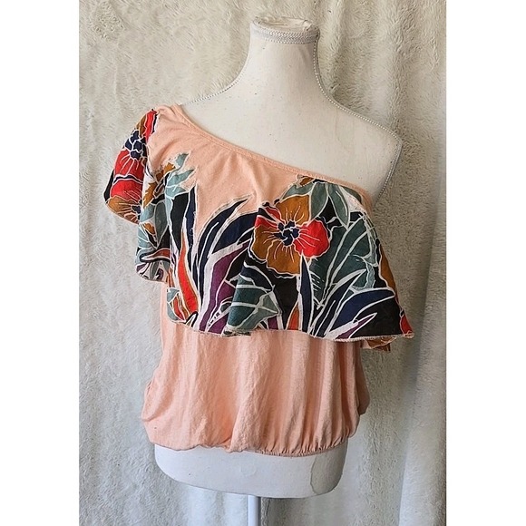 Free People Tops - Free People Annka Peach Floral Print One-Shoulder Linen Blend Bubble Top Size L